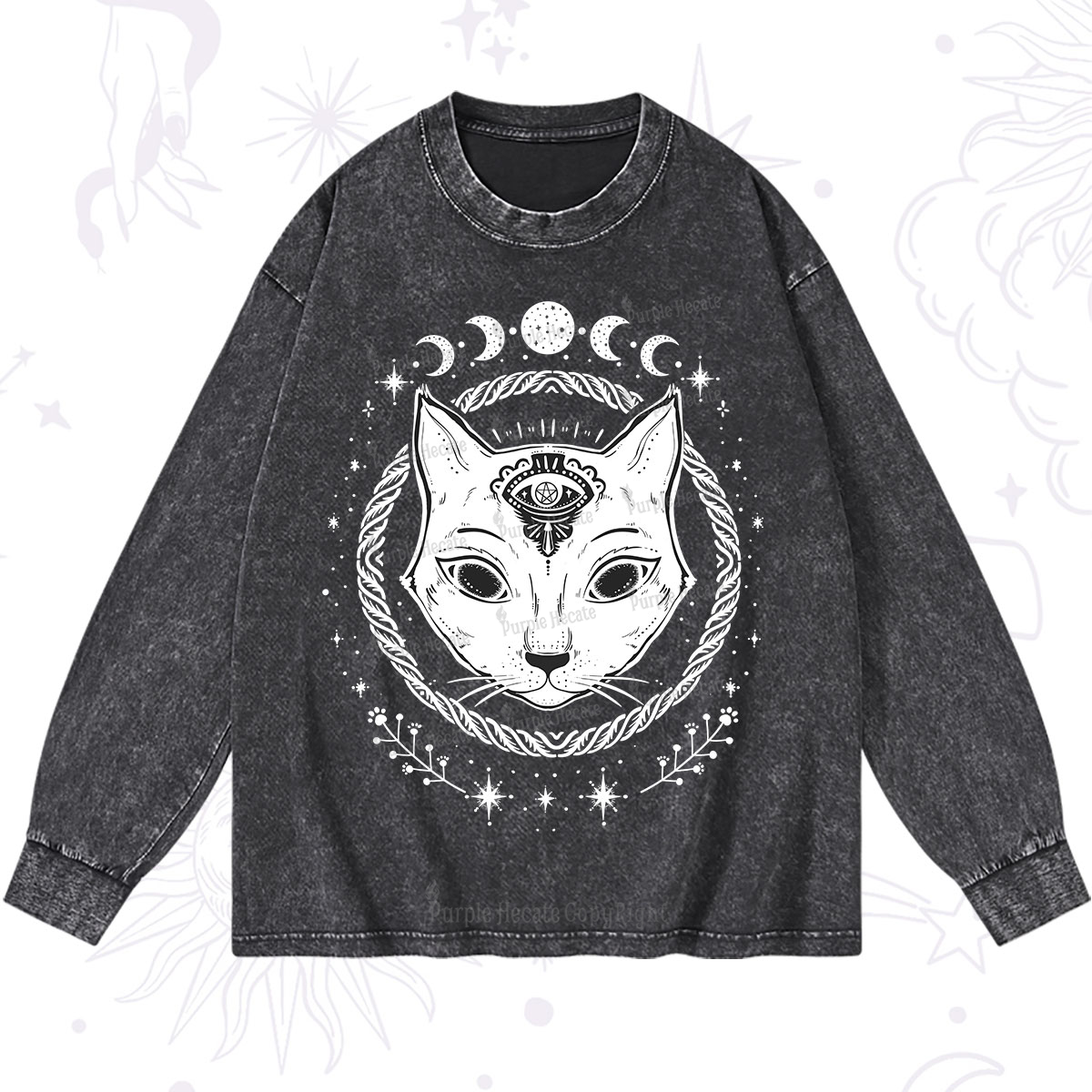 Purplehecate Third Eye Black Cat Washed Long Sleeve Shirt