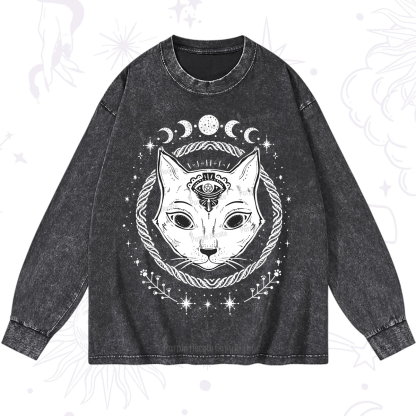 Purplehecate Third Eye Black Cat Washed Long Sleeve Shirt