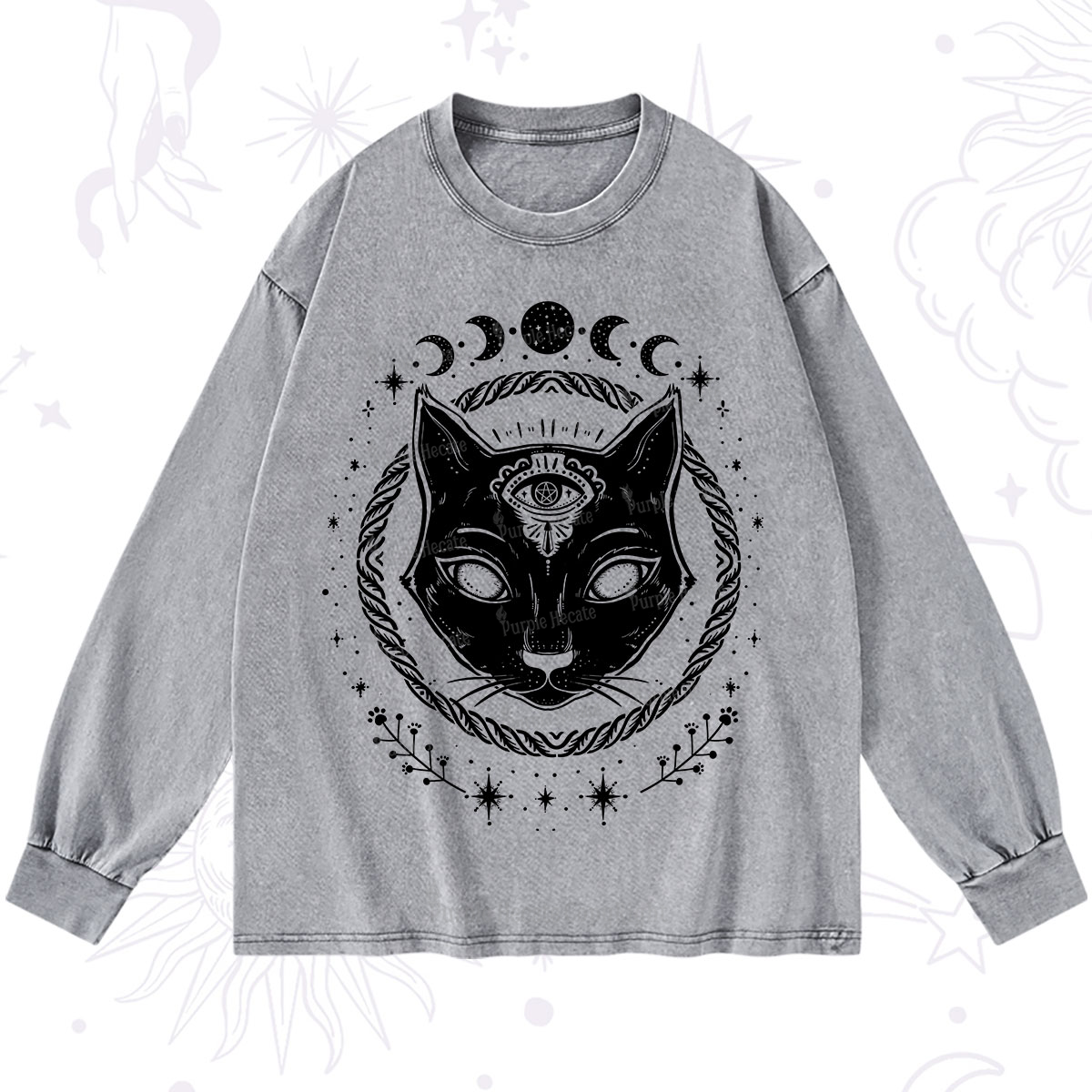 Purplehecate Third Eye Black Cat Washed Long Sleeve Shirt