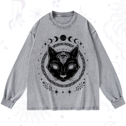 Purplehecate Third Eye Black Cat Washed Long Sleeve Shirt