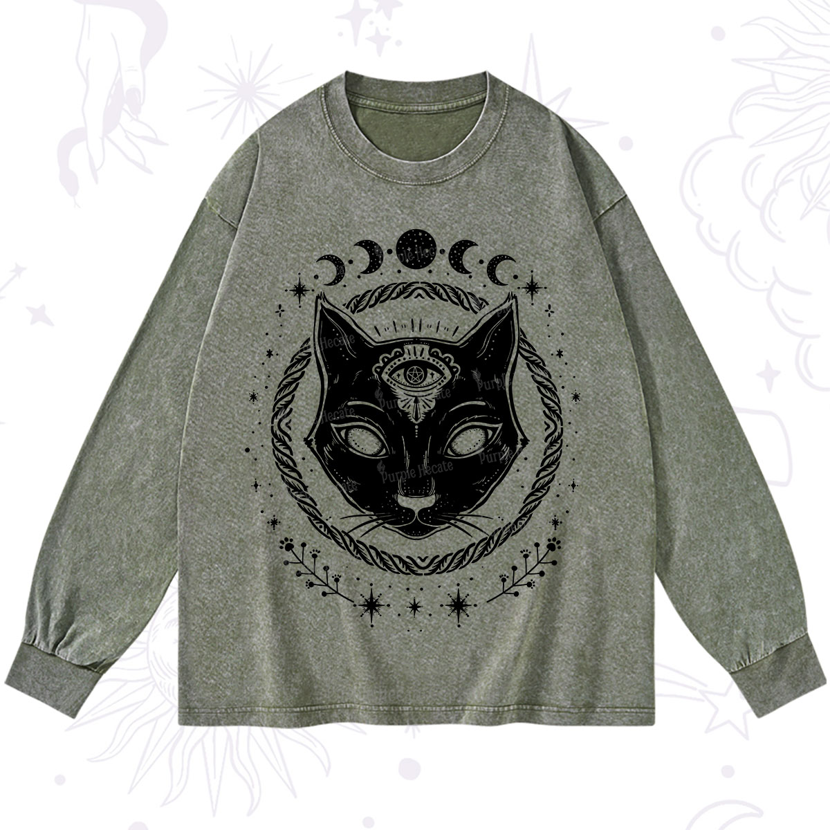 Purplehecate Third Eye Black Cat Washed Long Sleeve Shirt