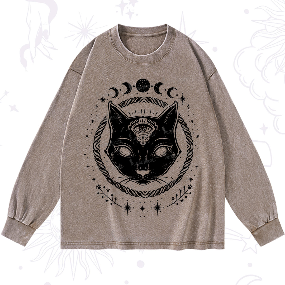 Purplehecate Third Eye Black Cat Washed Long Sleeve Shirt
