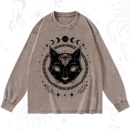 Purplehecate Third Eye Black Cat Washed Long Sleeve Shirt