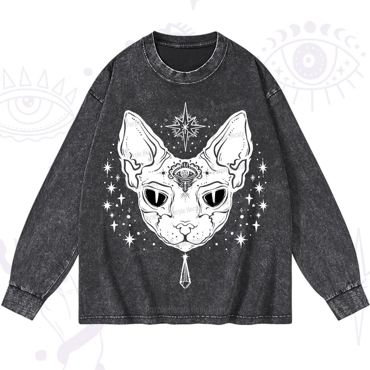 Purplehecate Three Eyed Sphynx Cat Washed Long Sleeve Shirt
