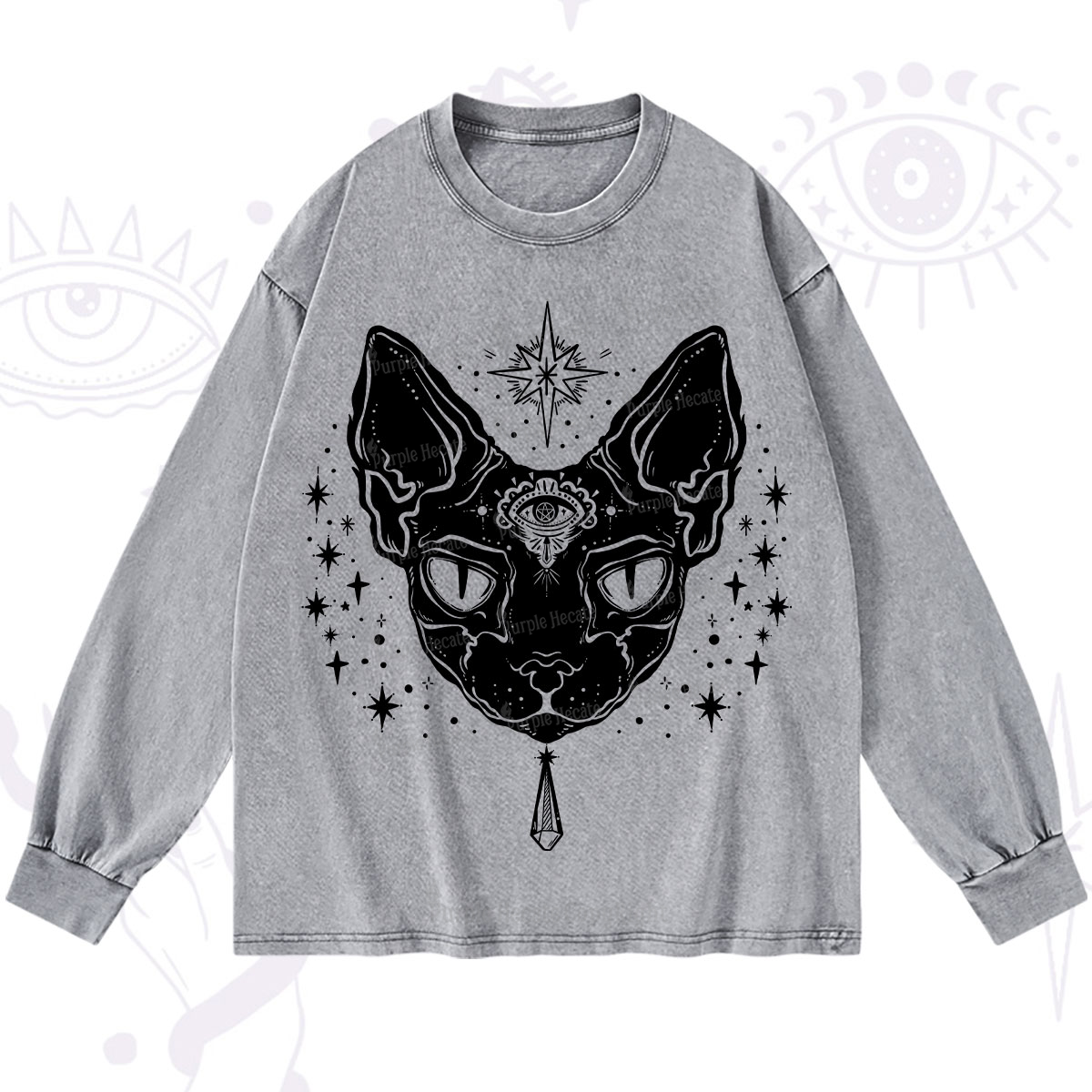 Purplehecate Three Eyed Sphynx Cat Washed Long Sleeve Shirt