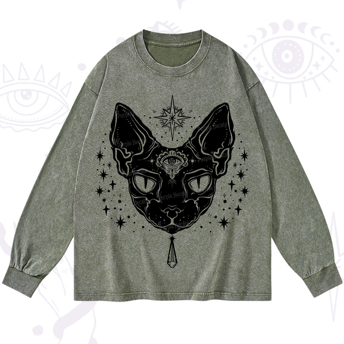 Purplehecate Three Eyed Sphynx Cat Washed Long Sleeve Shirt