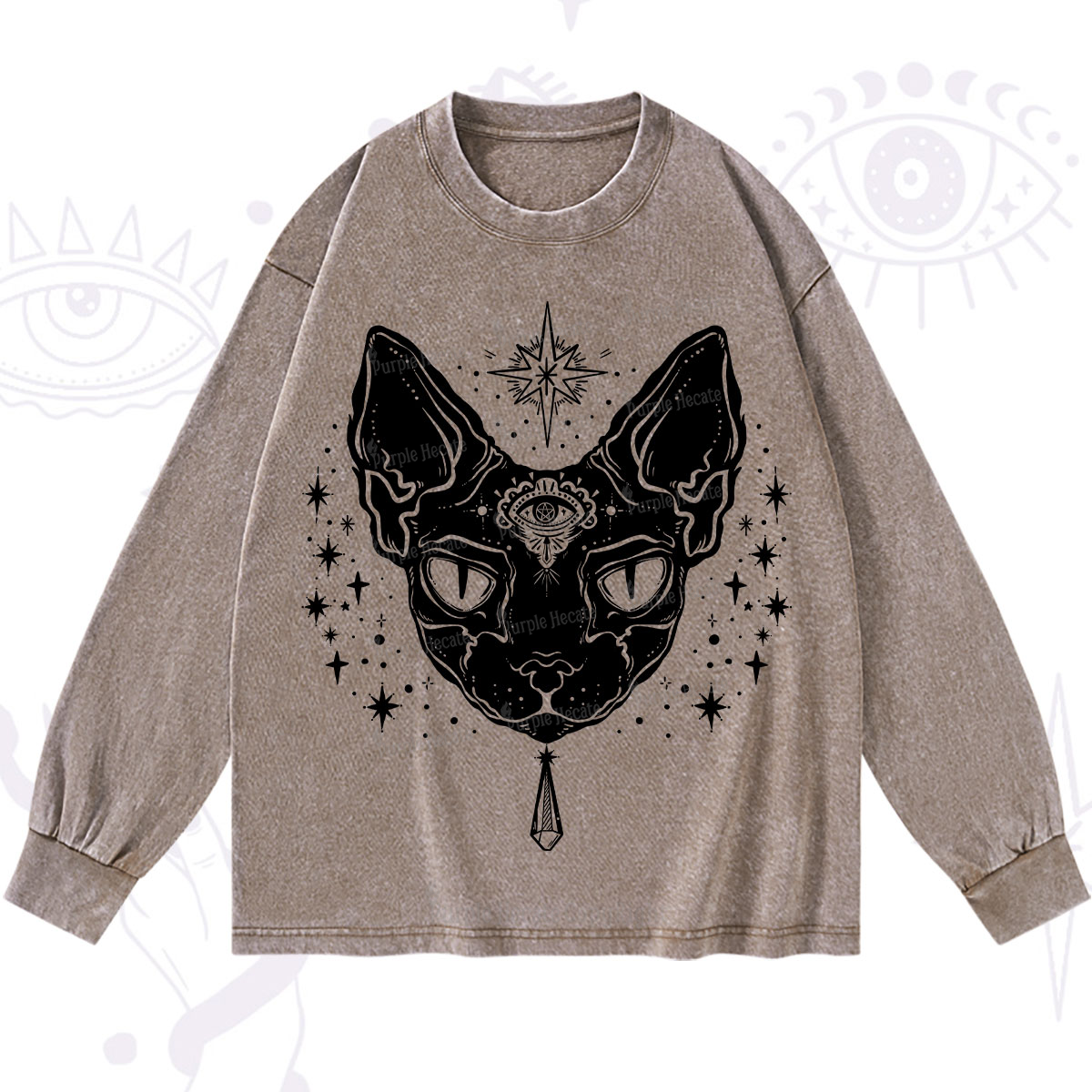 Purplehecate Three Eyed Sphynx Cat Washed Long Sleeve Shirt
