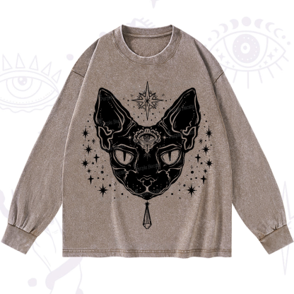 Purplehecate Three Eyed Sphynx Cat Washed Long Sleeve Shirt