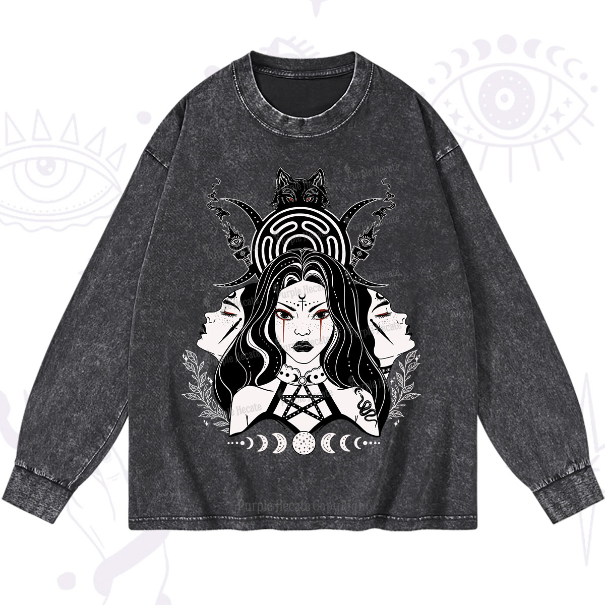Purplehecate The Triple Moon Goddess Hecate Washed Long Sleeve Shirt
