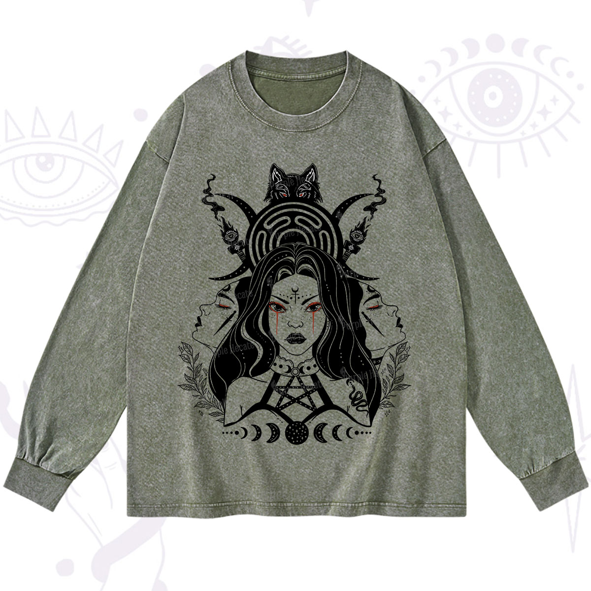 Purplehecate The Triple Moon Goddess Hecate Washed Long Sleeve Shirt