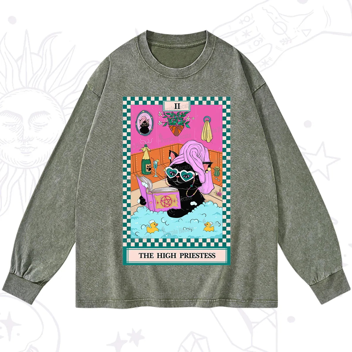Purplehecate The Cat High Priestess's Bubble Time Tarot Washed Long Sleeve Shirt