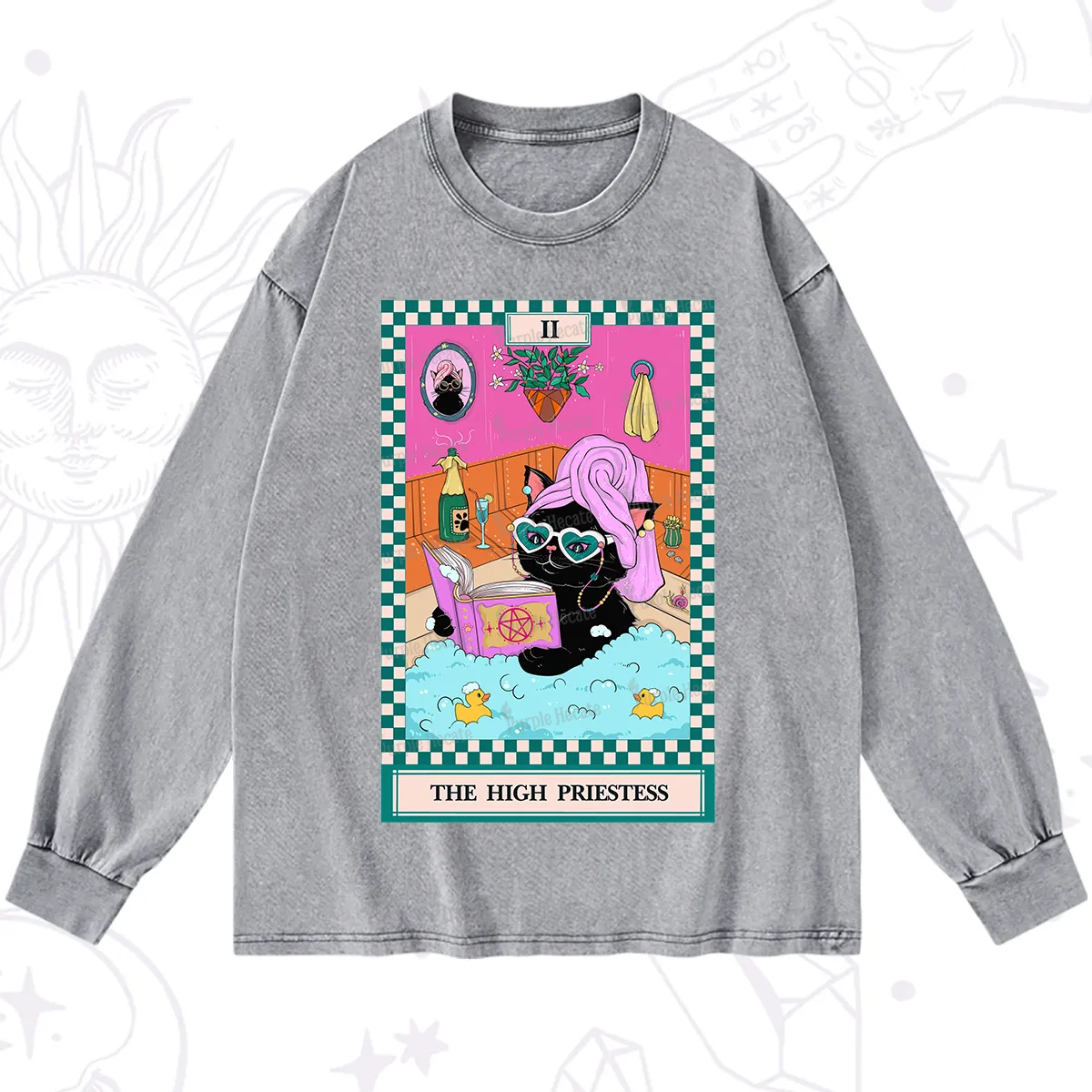 Purplehecate The Cat High Priestess's Bubble Time Tarot Washed Long Sleeve Shirt