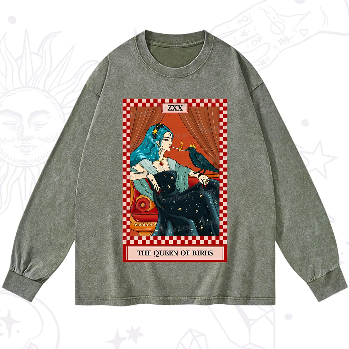 Purplehecate The Queen Of Birds Tarot  Washed Long Sleeve Shirt