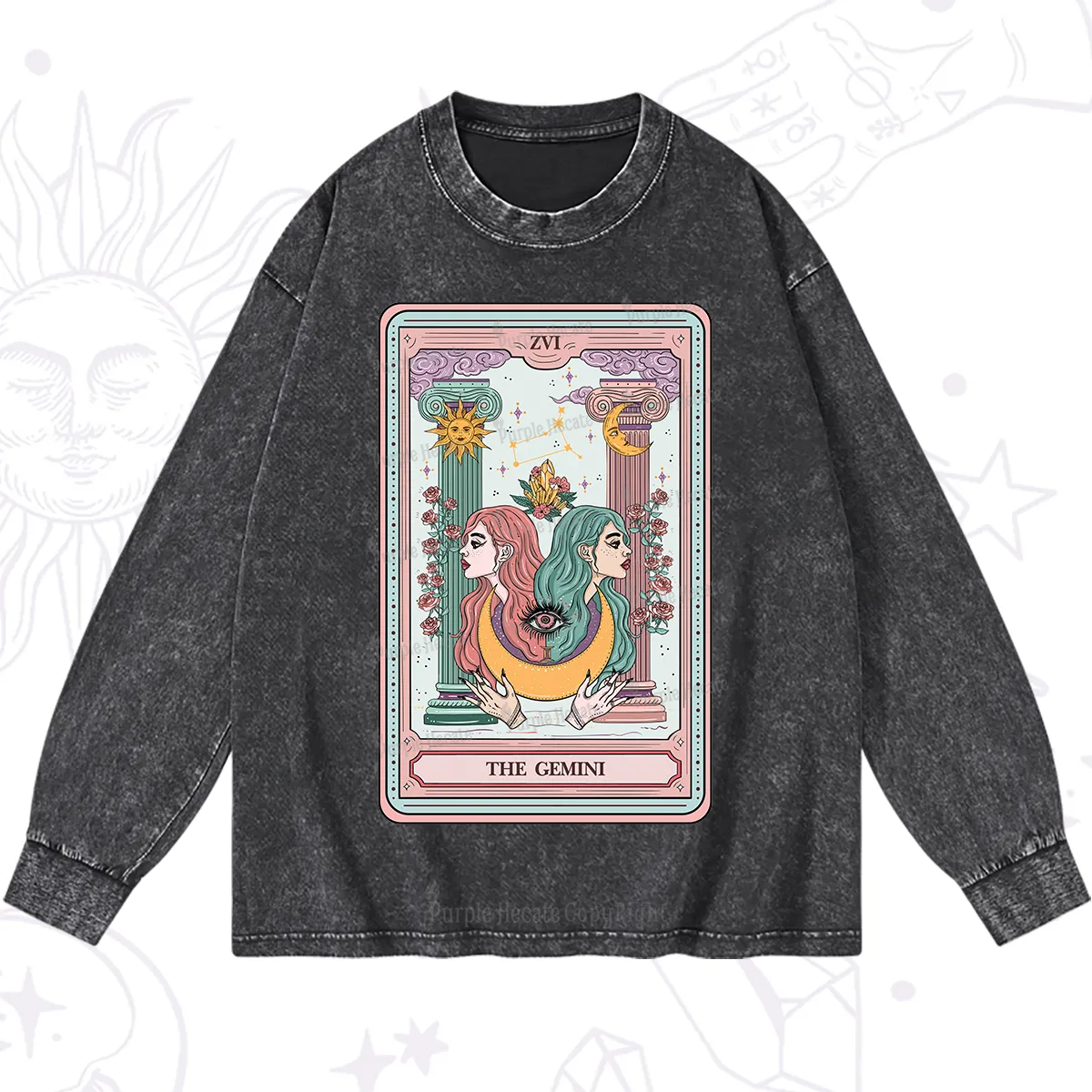 Purplehecate The Gemini Goddess Tarot Washed Long Sleeve Shirt