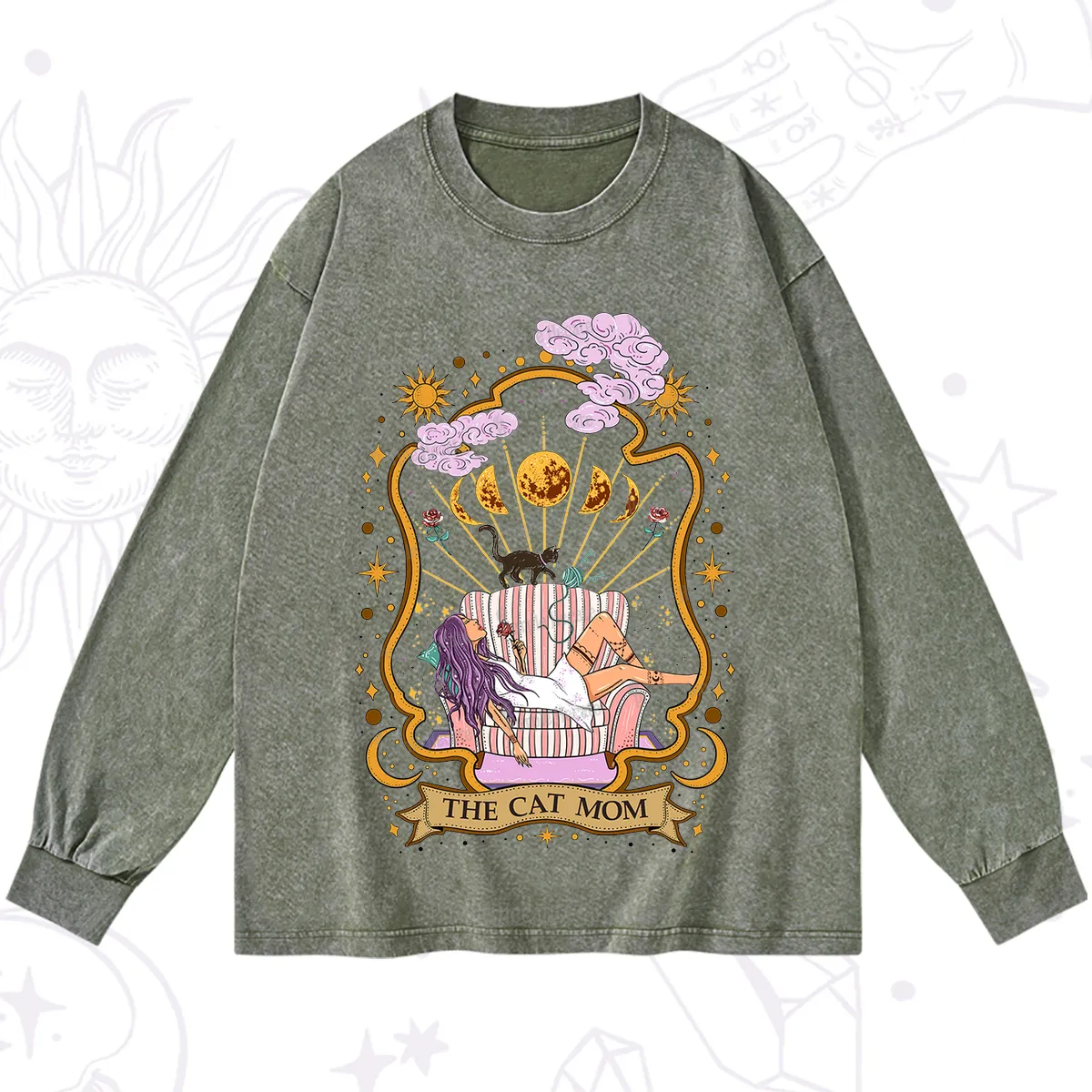 Purplehecate The Cat Mom Goddess Washed Long Sleeve Shirt