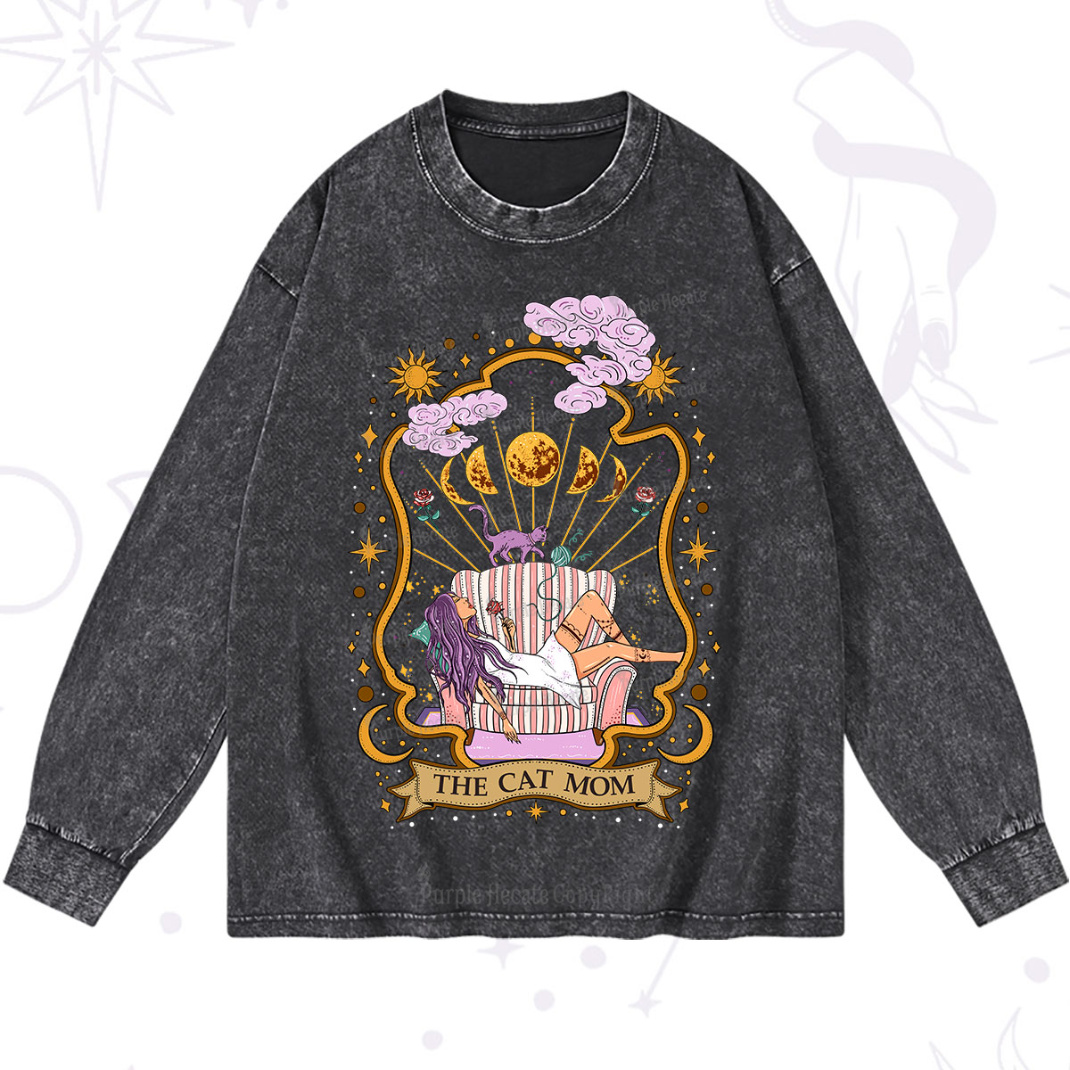 Purplehecate The Cat Mom Goddess Washed Long Sleeve Shirt