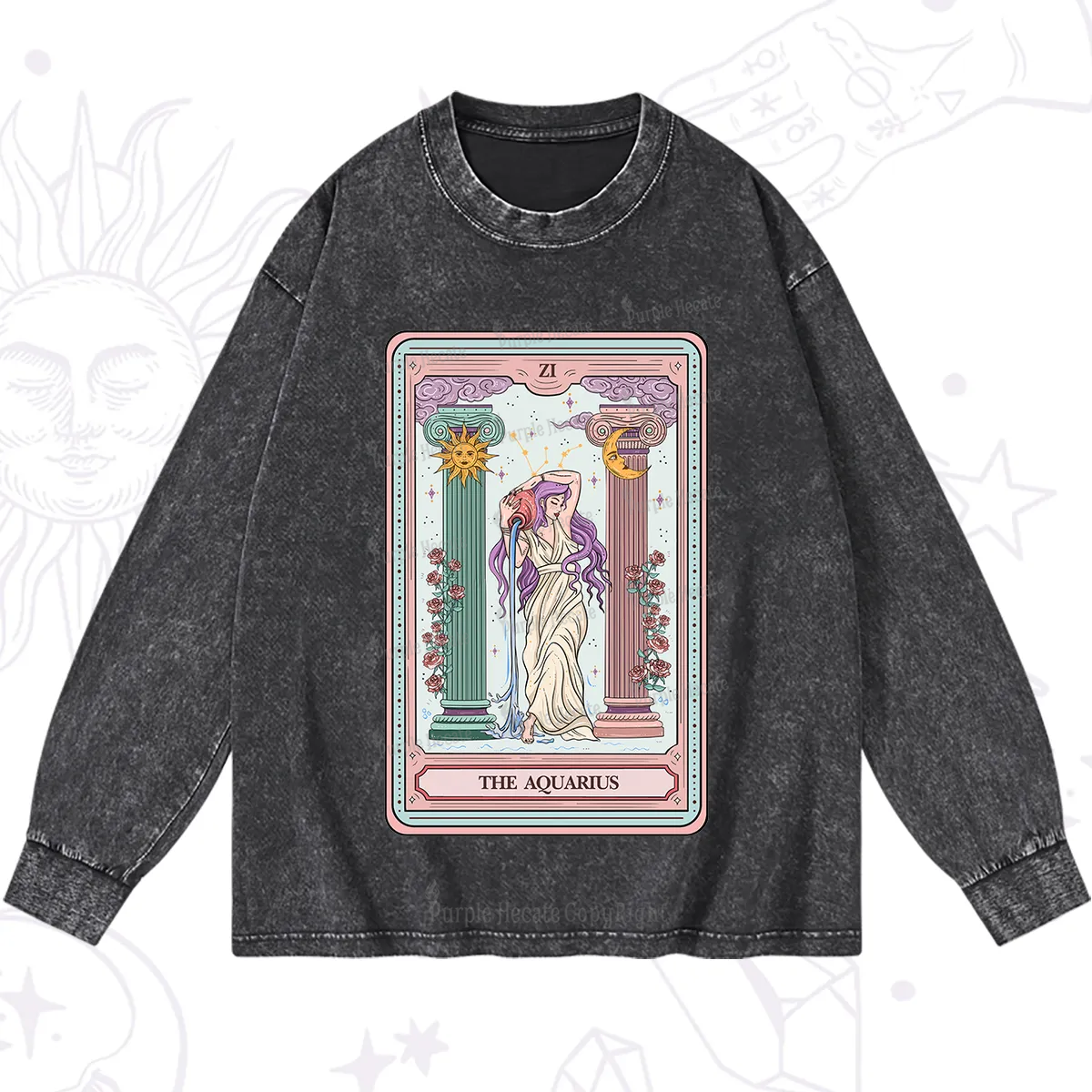 Purplehecate The Aquarius Goddess Tarot Washed Long Sleeve Shirt