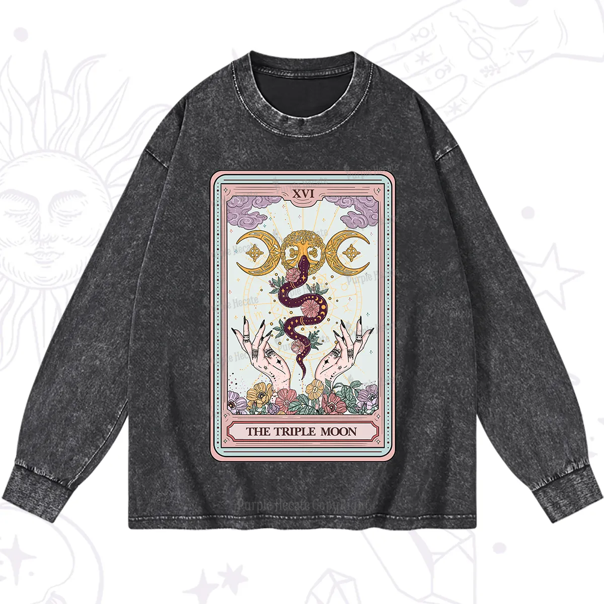 Purplehecate The Triple Moon Tarot Washed Long Sleeve Shirt