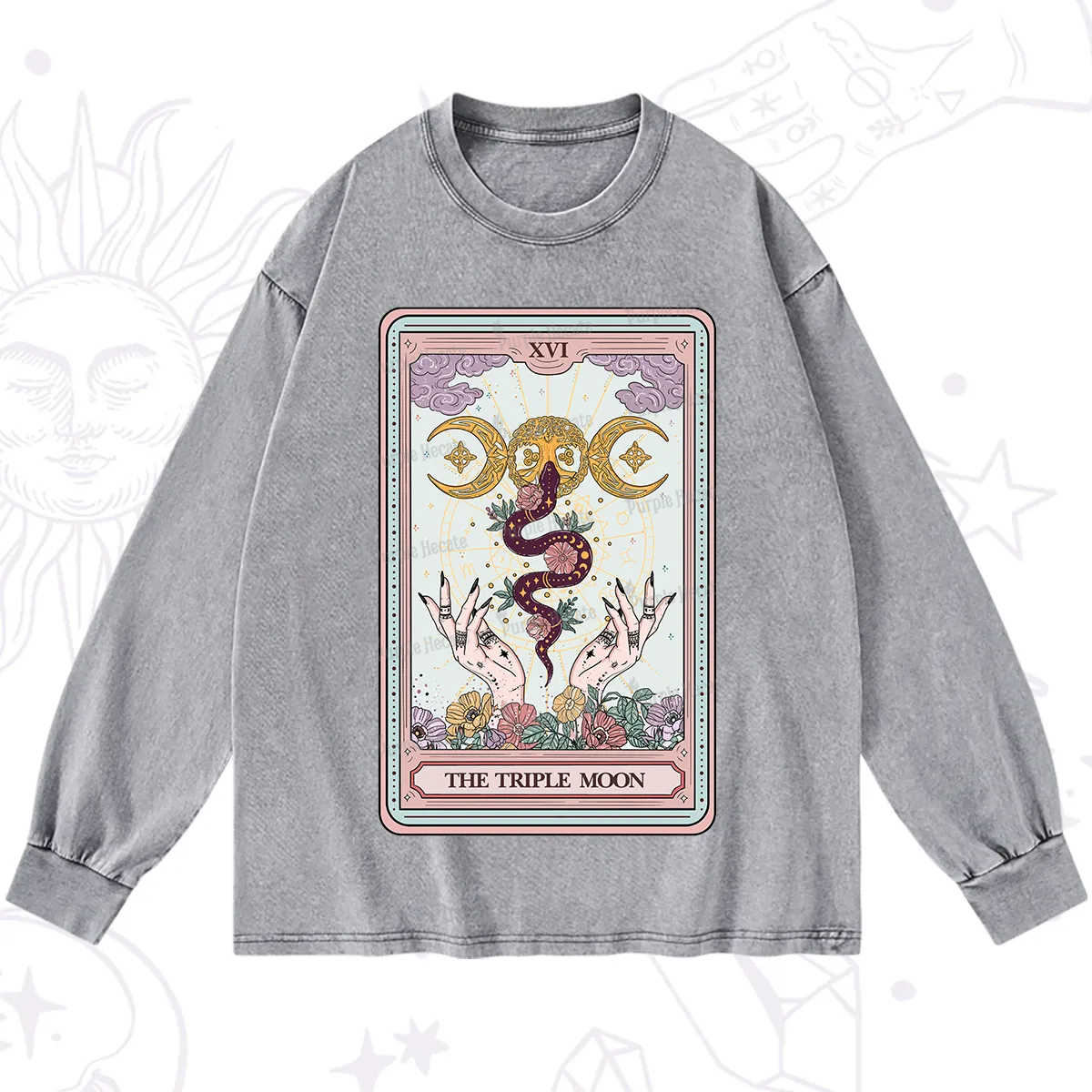 Purplehecate The Triple Moon Tarot Washed Long Sleeve Shirt