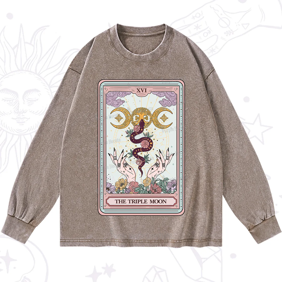 Purplehecate The Triple Moon Tarot Washed Long Sleeve Shirt