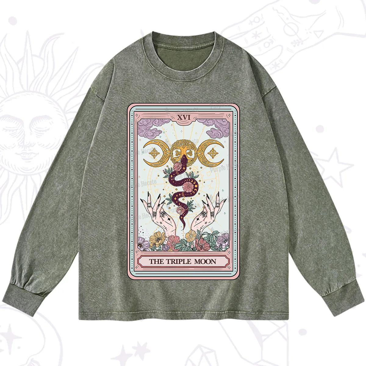 Purplehecate The Triple Moon Tarot Washed Long Sleeve Shirt