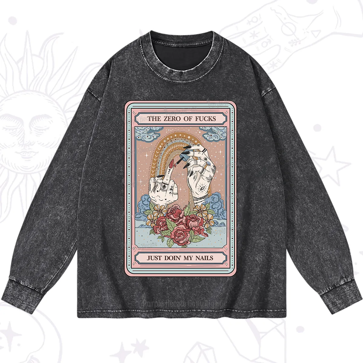 Purplehecate The Zero of Fucks Just Doin' My Nails Tarot Washed Long Sleeve Shirt