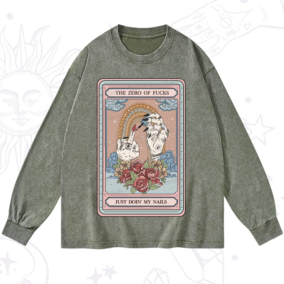 Purplehecate The Zero of Fucks Just Doin' My Nails Tarot Washed Long Sleeve Shirt