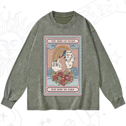 Purplehecate The Zero of Fucks Just Doin' My Nails Tarot Washed Long Sleeve Shirt