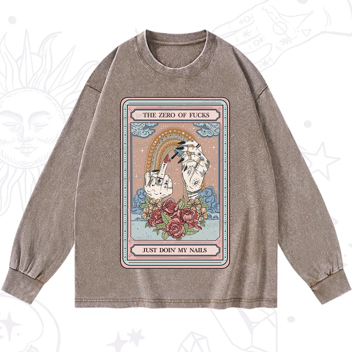 Purplehecate The Zero of Fucks Just Doin' My Nails Tarot Washed Long Sleeve Shirt