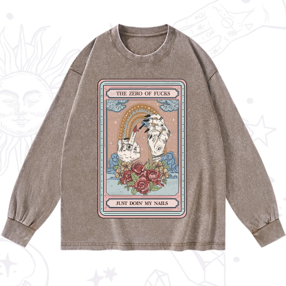 Purplehecate The Zero of Fucks Just Doin' My Nails Tarot Washed Long Sleeve Shirt