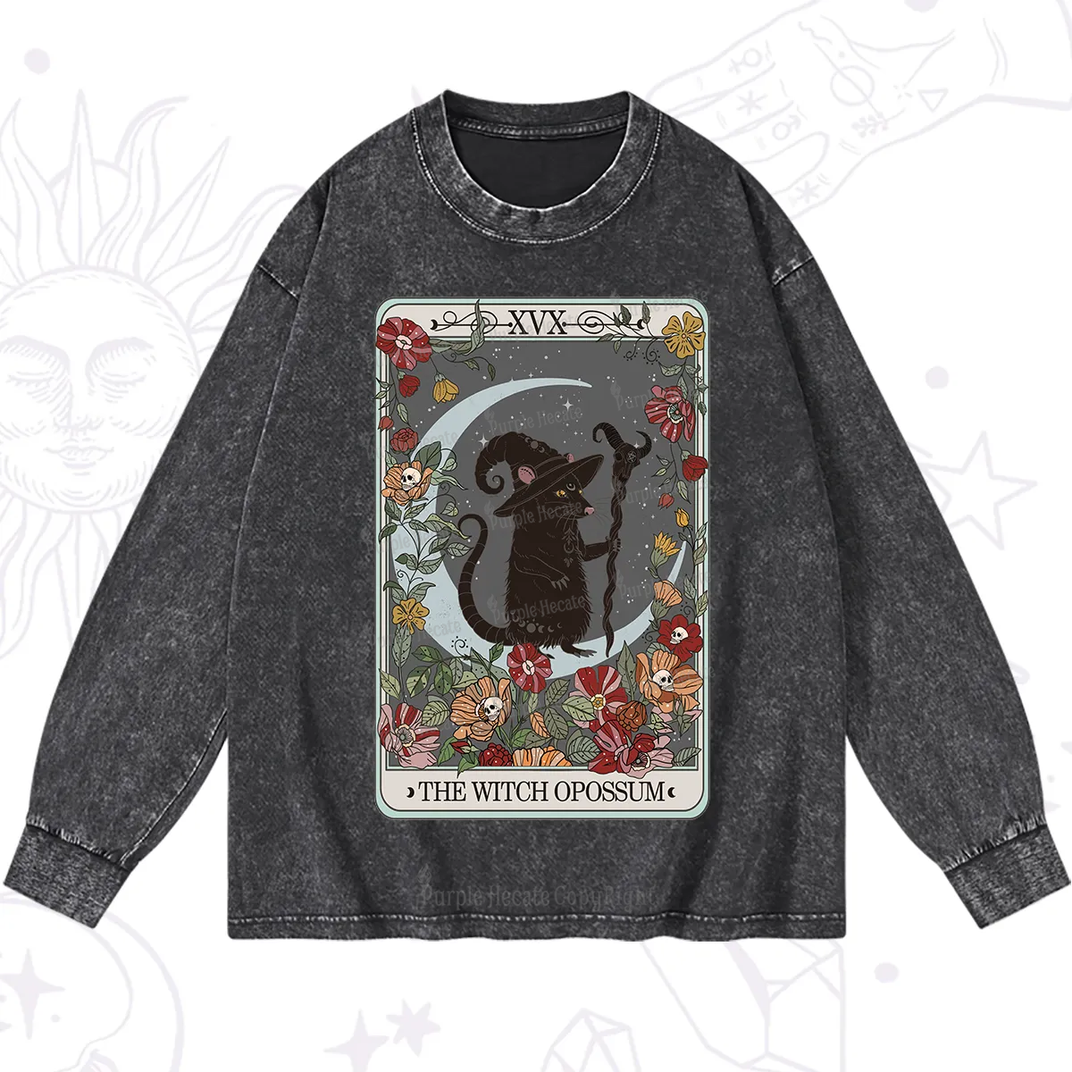 Purplehecate The Witch Opossum Tarot Washed Long Sleeve Shirt