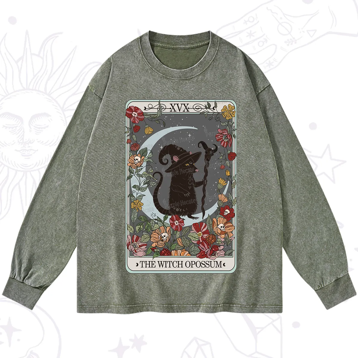 Purplehecate The Witch Opossum Tarot Washed Long Sleeve Shirt