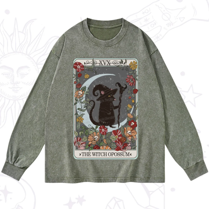 Purplehecate The Witch Opossum Tarot Washed Long Sleeve Shirt