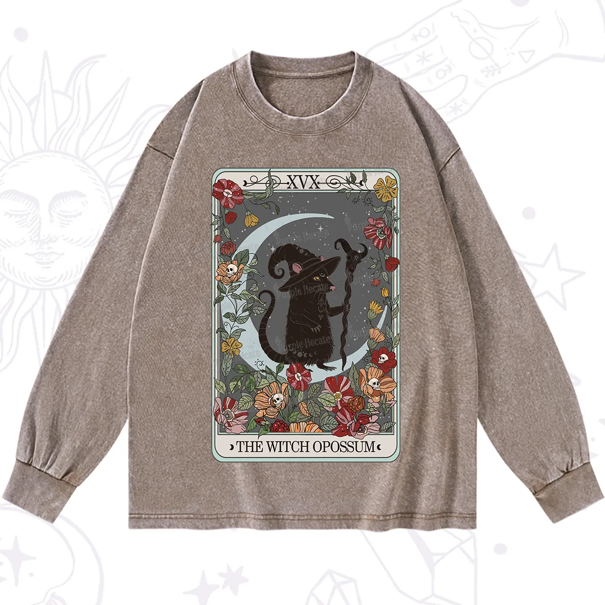 Purplehecate The Witch Opossum Tarot Washed Long Sleeve Shirt