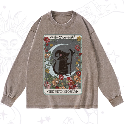 Purplehecate The Witch Opossum Tarot Washed Long Sleeve Shirt