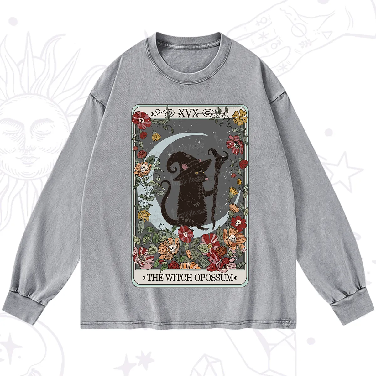 Purplehecate The Witch Opossum Tarot Washed Long Sleeve Shirt