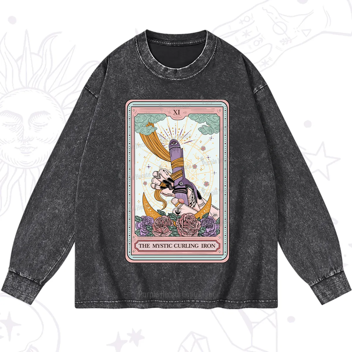Purplehecate The Mystic Curling Iron Tarot Washed Long Sleeve Shirt
