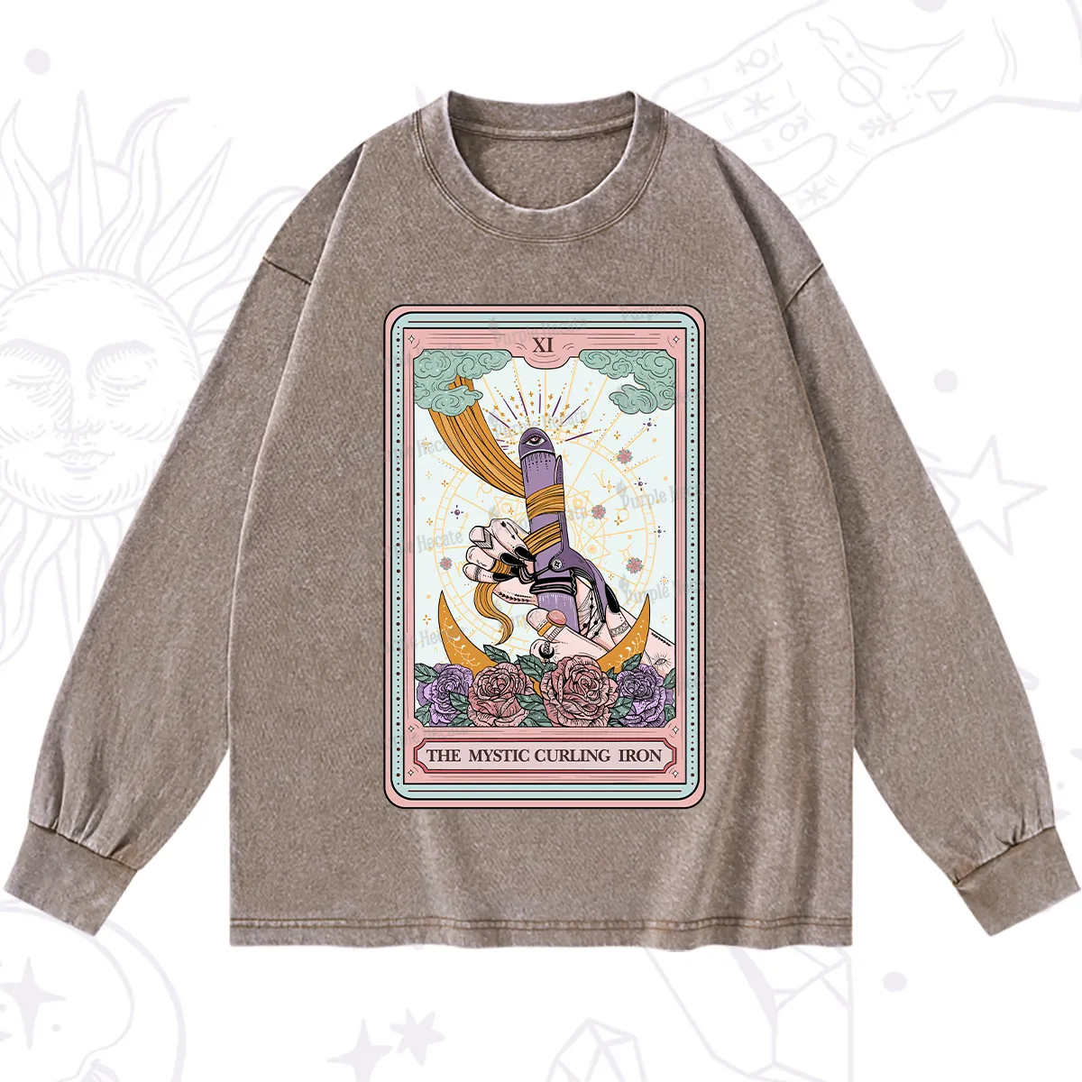 Purplehecate The Mystic Curling Iron Tarot Washed Long Sleeve Shirt