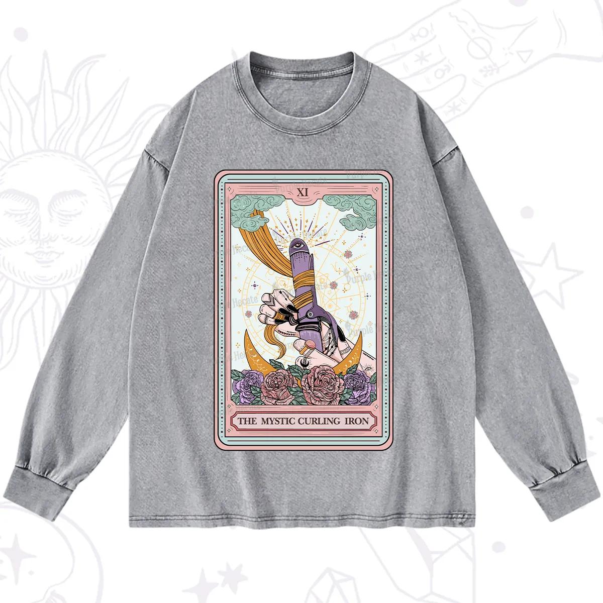 Purplehecate The Mystic Curling Iron Tarot Washed Long Sleeve Shirt
