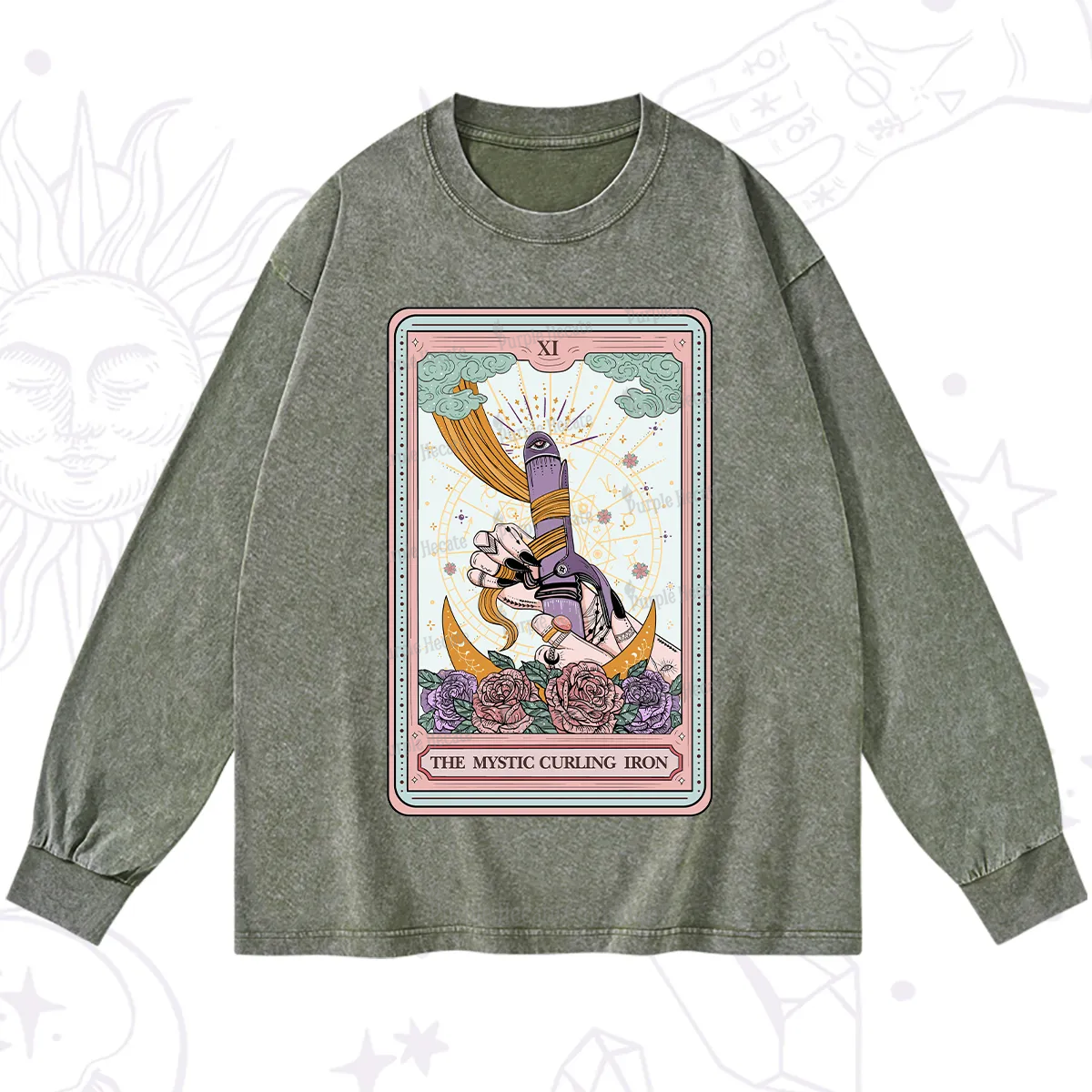 Purplehecate The Mystic Curling Iron Tarot Washed Long Sleeve Shirt