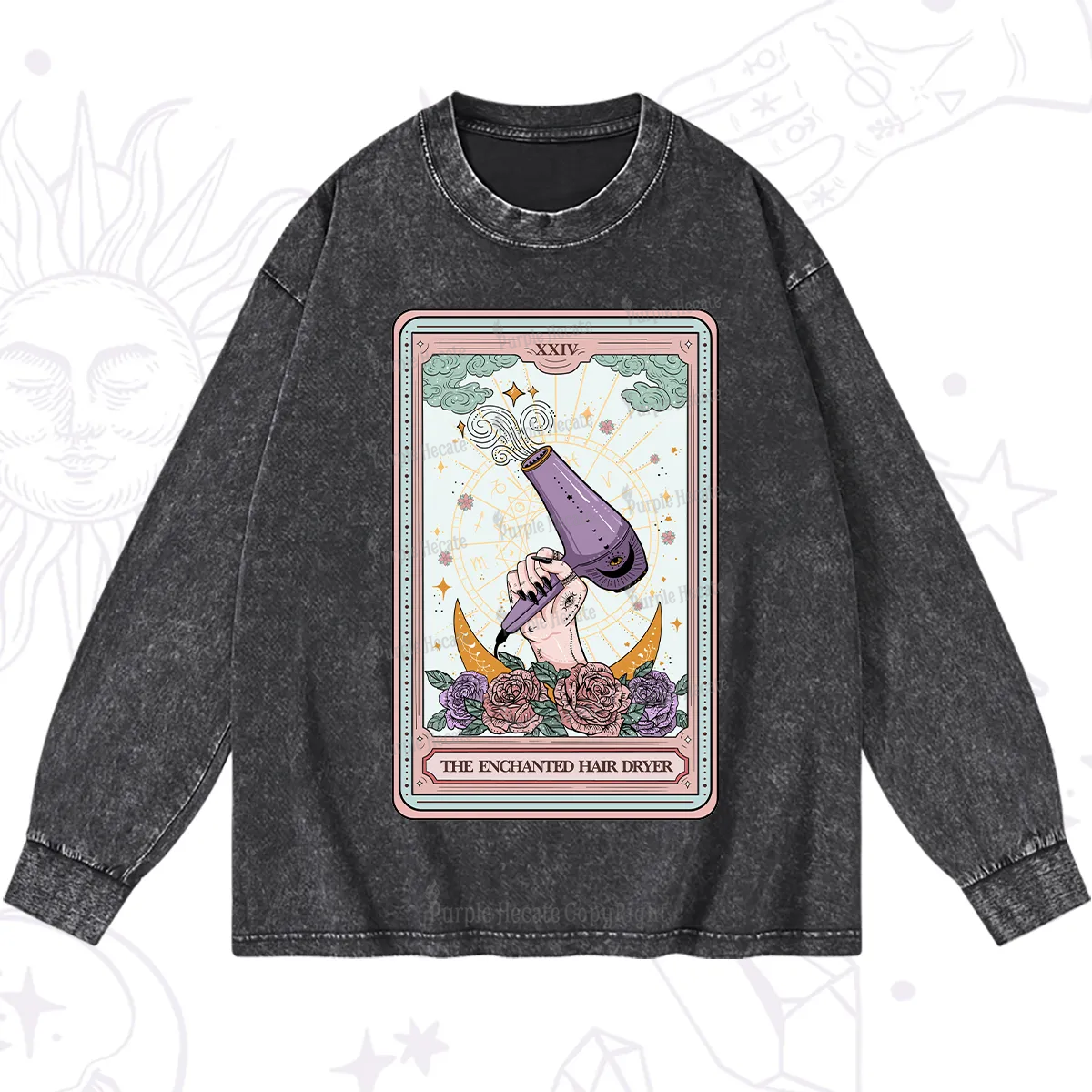 Purplehecate The Enchanted Hair Dryer Tarot Washed Long Sleeve Shirt