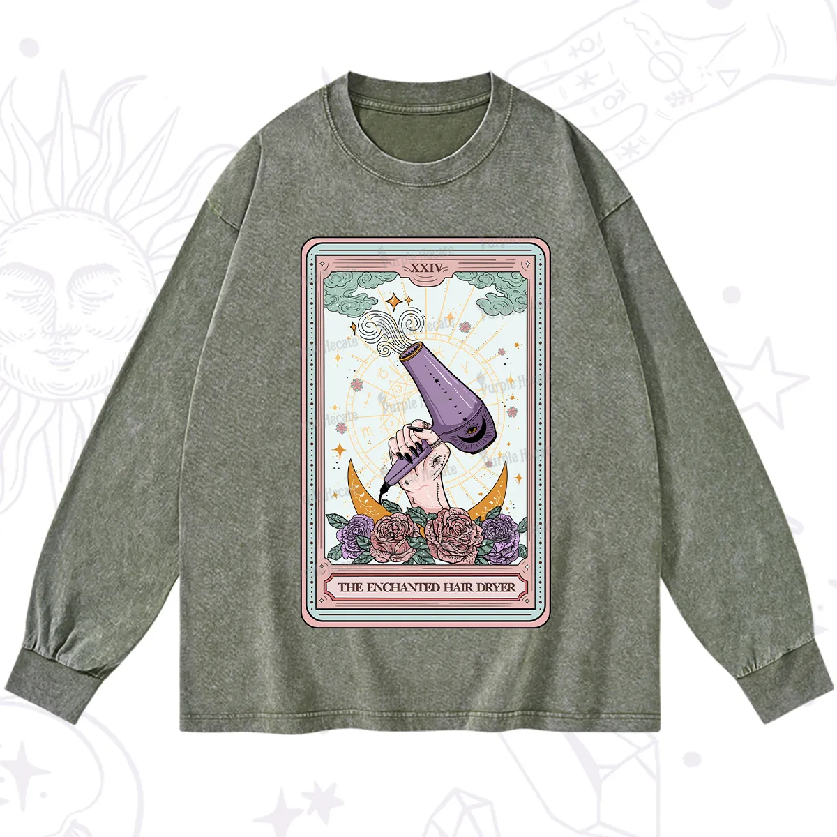 Purplehecate The Enchanted Hair Dryer Tarot Washed Long Sleeve Shirt