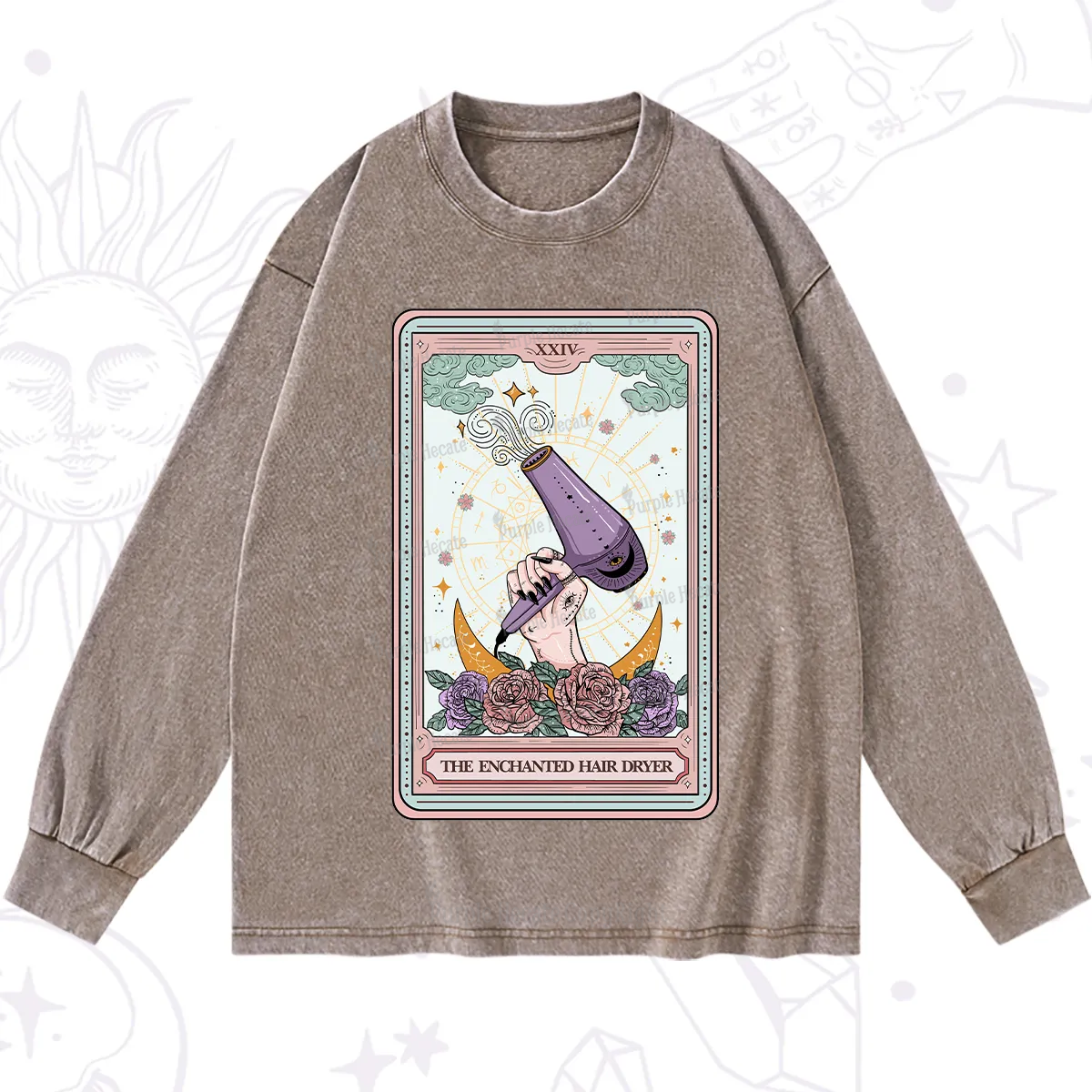 Purplehecate The Enchanted Hair Dryer Tarot Washed Long Sleeve Shirt