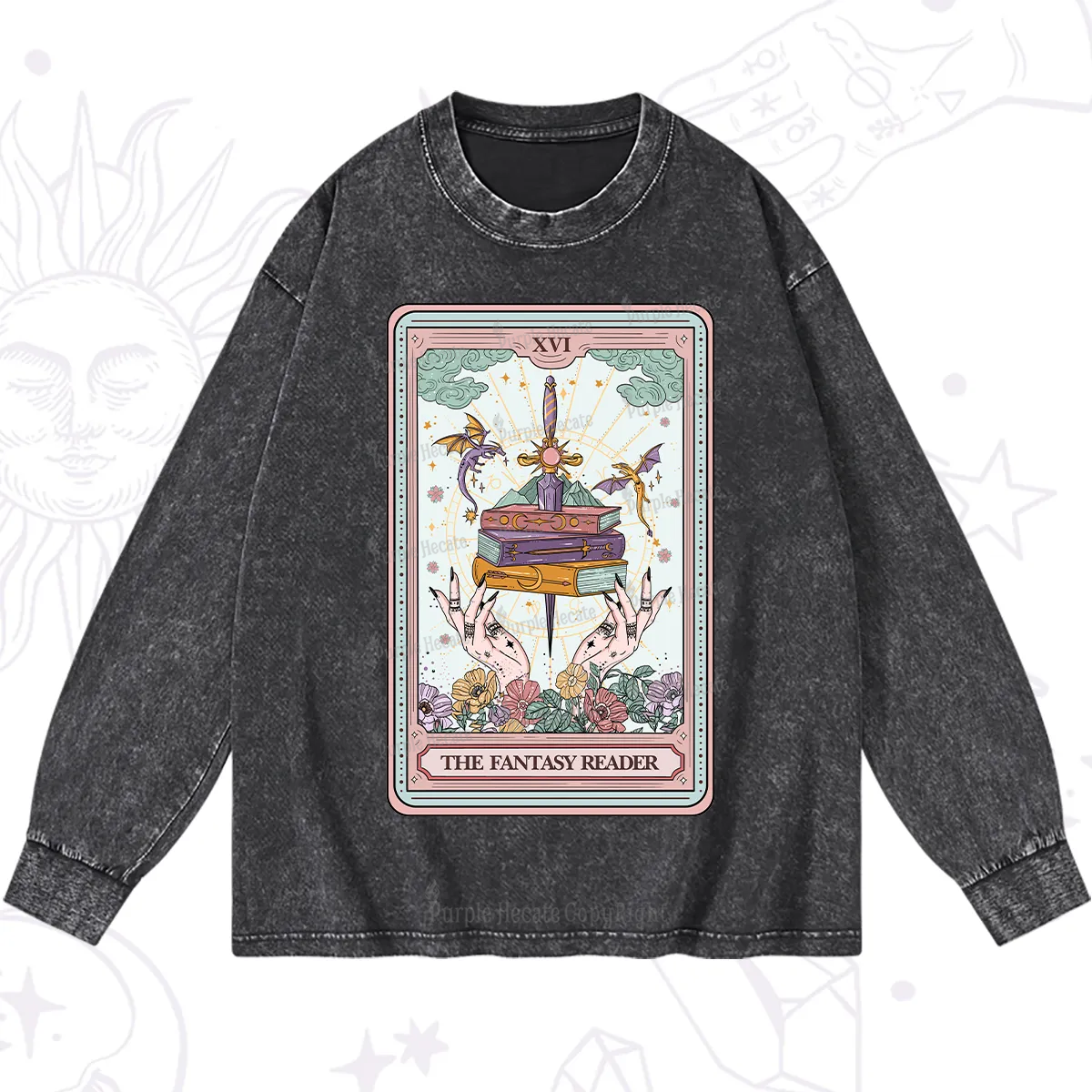 Purplehecate The Fantasy Reader Tarot Washed Long Sleeve Shirt