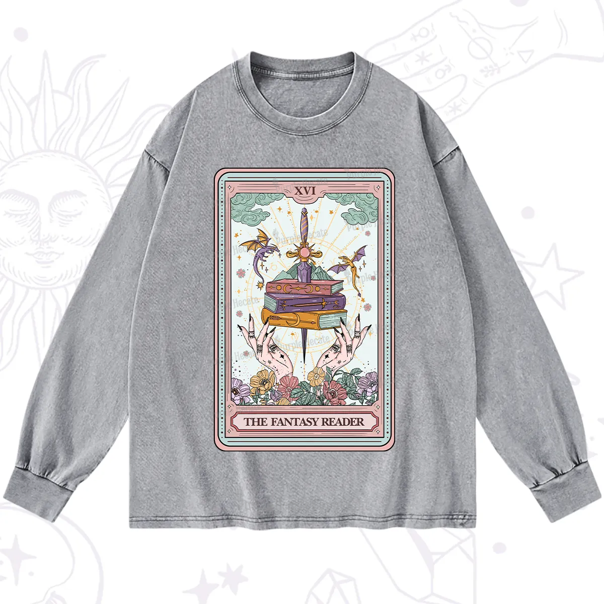 Purplehecate The Fantasy Reader Tarot Washed Long Sleeve Shirt