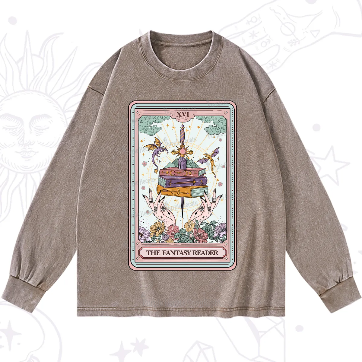 Purplehecate The Fantasy Reader Tarot Washed Long Sleeve Shirt