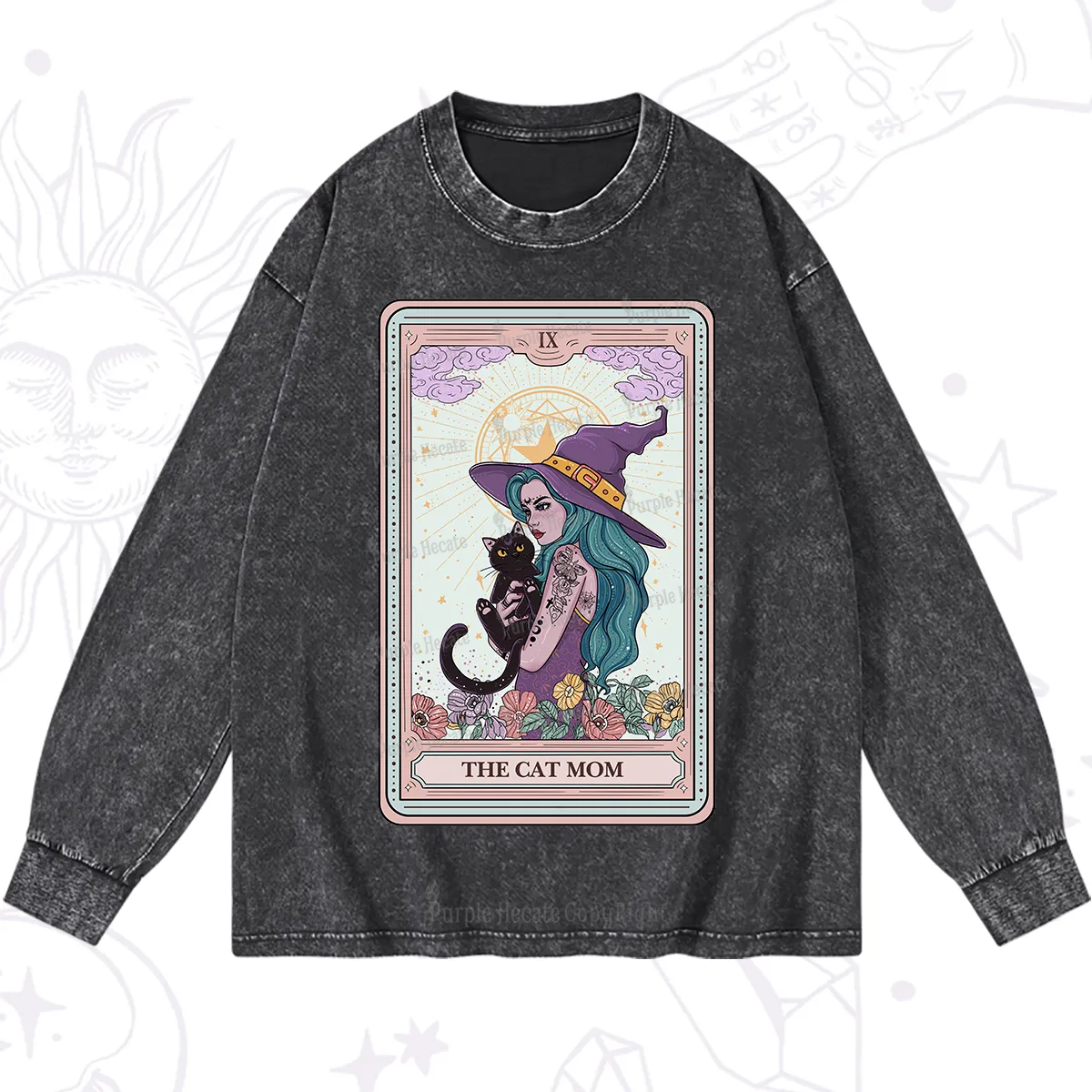 Purplehecate The Gothic Cat Mom Tarot Washed Long Sleeve Shirt