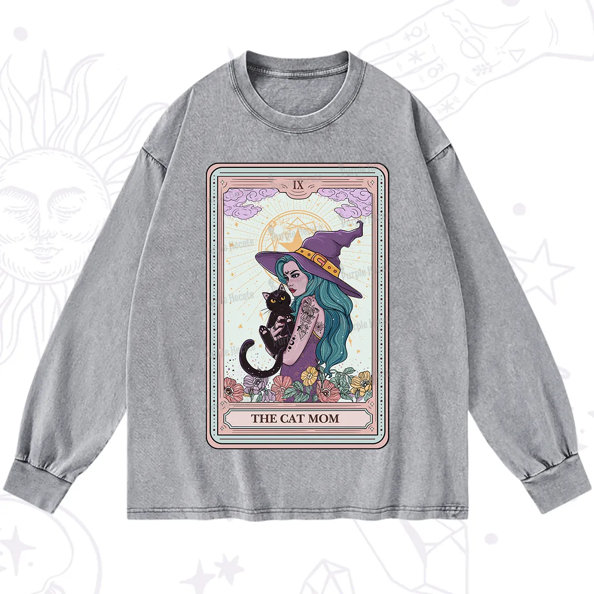 Purplehecate The Gothic Cat Mom Tarot Washed Long Sleeve Shirt