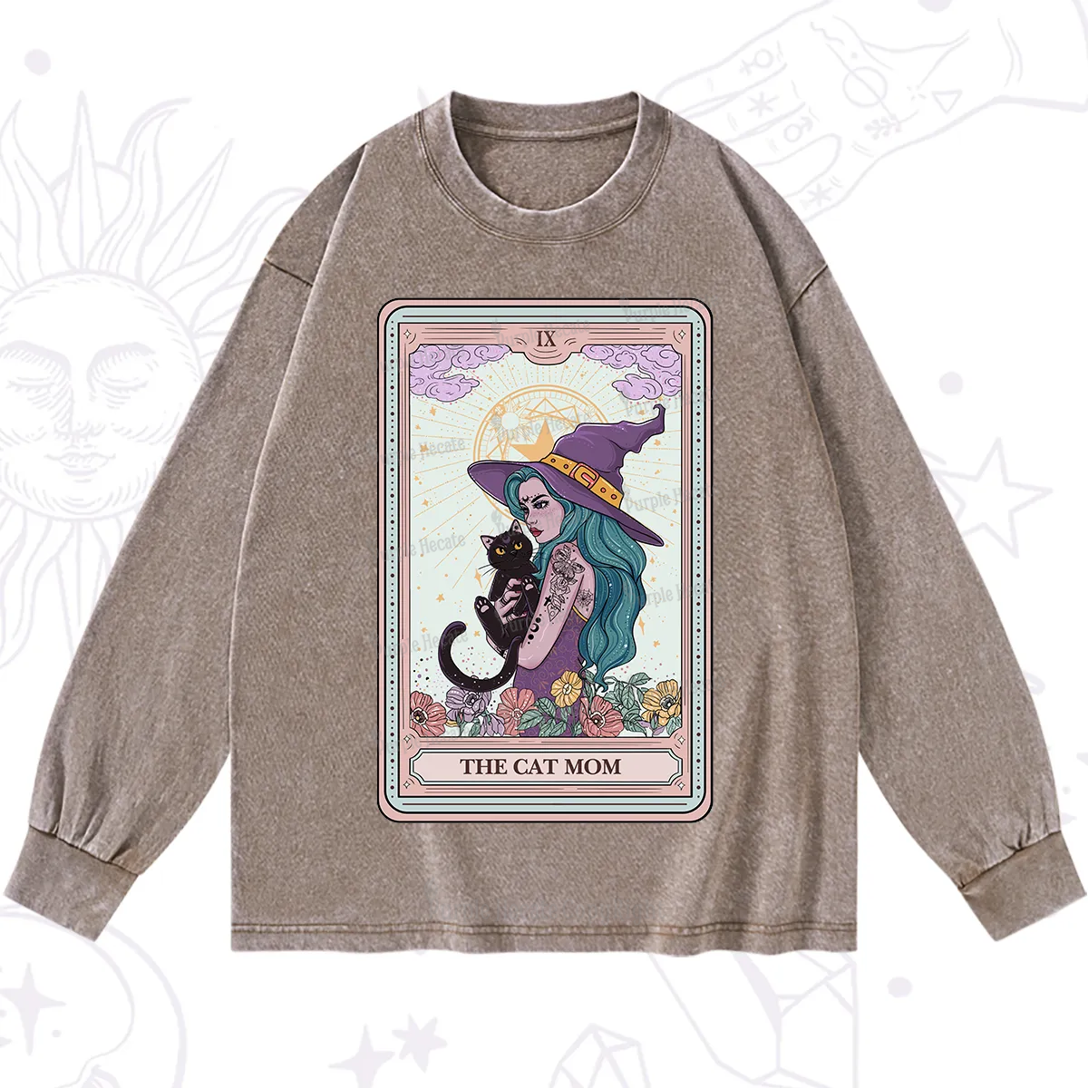 Purplehecate The Gothic Cat Mom Tarot Washed Long Sleeve Shirt