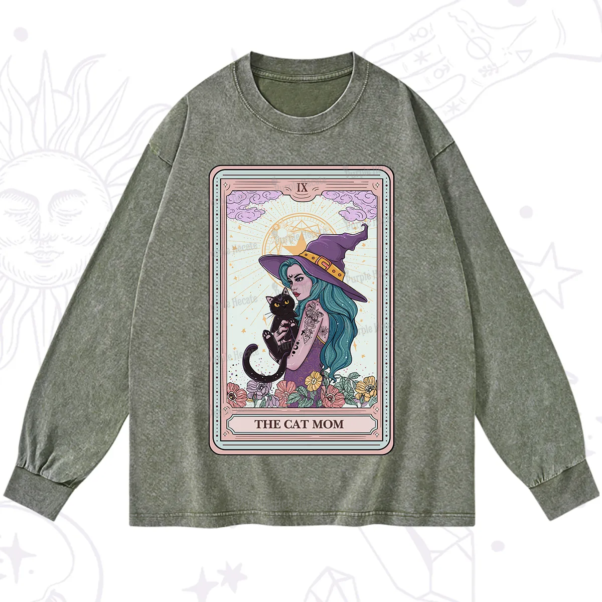 Purplehecate The Gothic Cat Mom Tarot Washed Long Sleeve Shirt